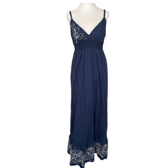Gap Cotton Embroidered Floral Navy Blue White Spaghetti Strap Ruffle Maxi Dress - Picture 2 of 9